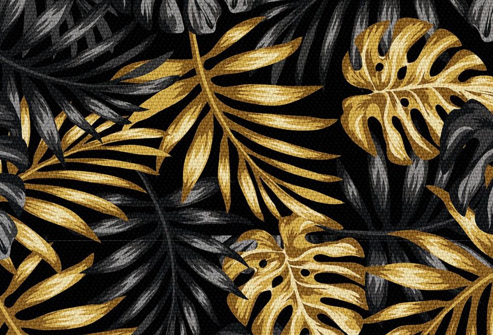 tkanina złote liście monstery