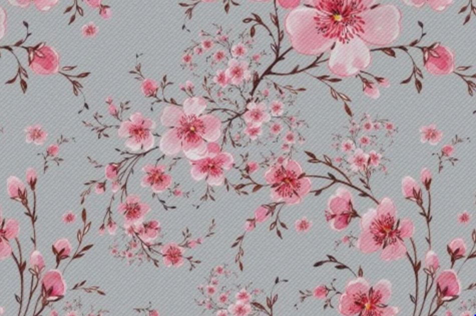 tkanina kwiatki różowe na szarym
