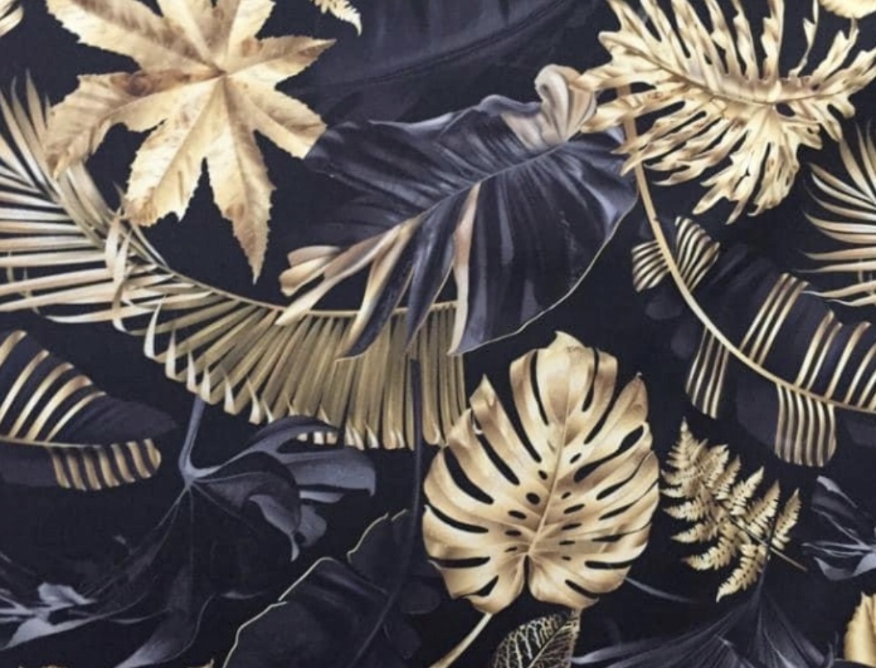 tkanina złote liście monstery